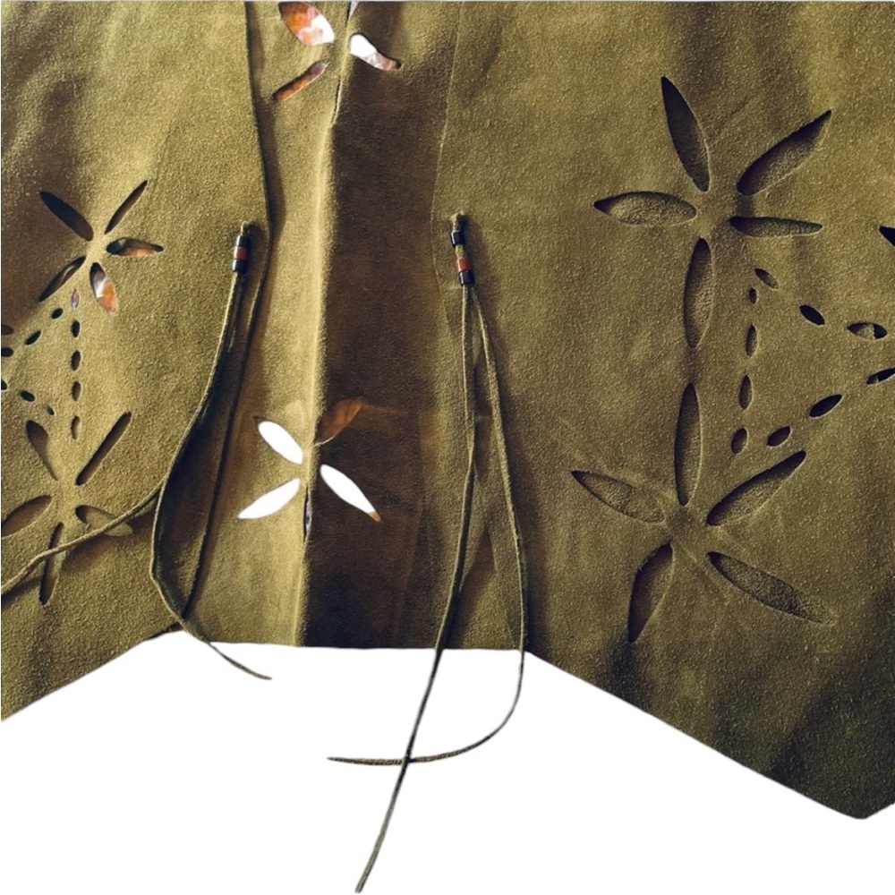 Vintage Army Green Suede Vest Fringe Detail and Flower cut outs - Picture 14 of 16
